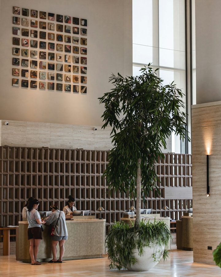 Residents at the front desk of a bright apartment building lobby with a tall tree and stone walls