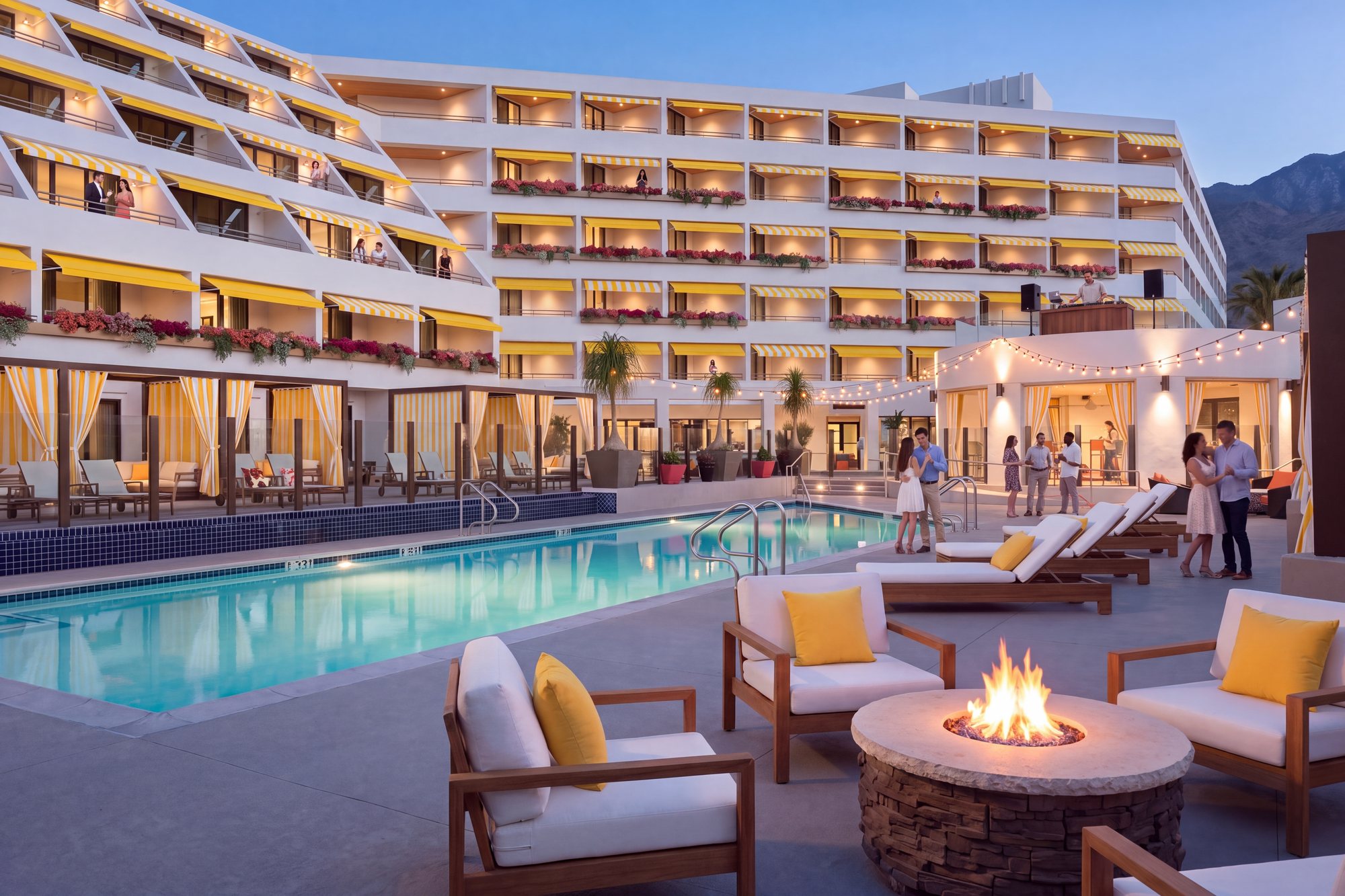 Rendering of the same pool at dusk after the repositioning, with white walls, yellow awnings and guests